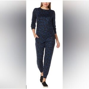 LounGy by Giuliana Women's XL Knit 2-piece Set Blue Black Print Midnight Leopard